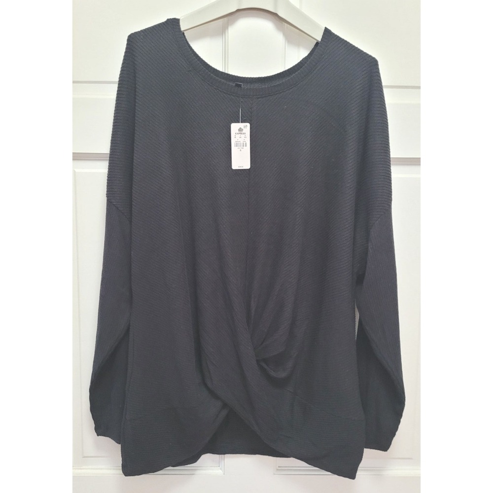 Express Women's Rayon Blend Long Sleeve Twist Front Ribbed Sweater - Black - XL